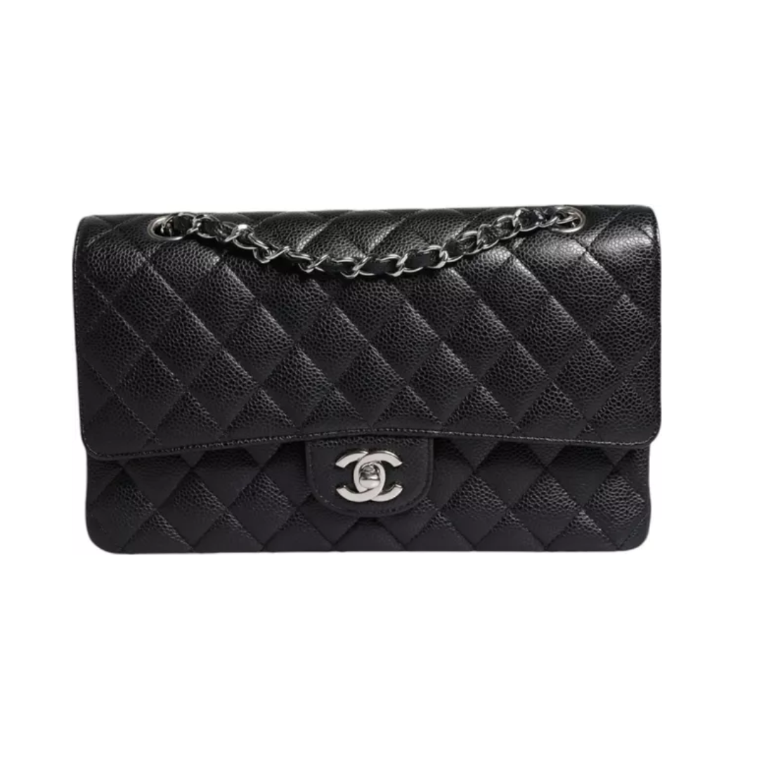 Preloved - BLACK CAVIAR MEDIUM CLASSIC DOUBLE FLAP SHOULDER QUILTED SILVER BAG