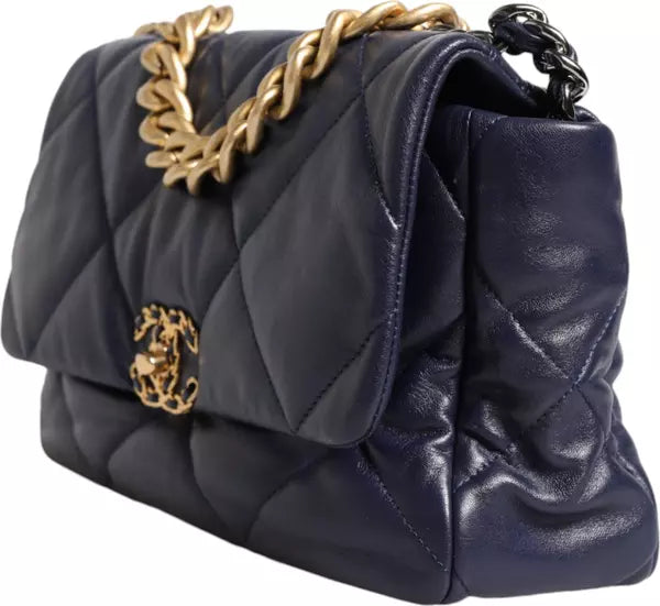 حقيبة يد وكتف كبيرة من الجلد الأزرق المبطن بسلسلة