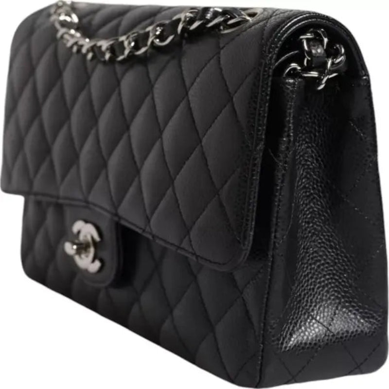 Preloved - BLACK CAVIAR MEDIUM CLASSIC DOUBLE FLAP SHOULDER QUILTED SILVER BAG