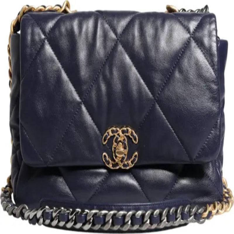 حقيبة يد وكتف كبيرة من الجلد الأزرق المبطن بسلسلة