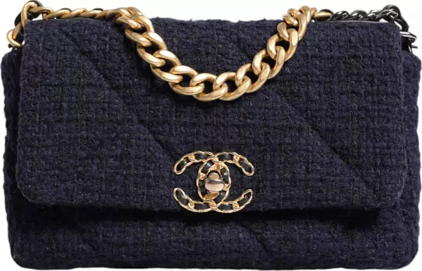 حقيبة كتف متوسطة الحجم من قماش التويد الأزرق الداكن مع سلسلة ذهبية رمادية اللون