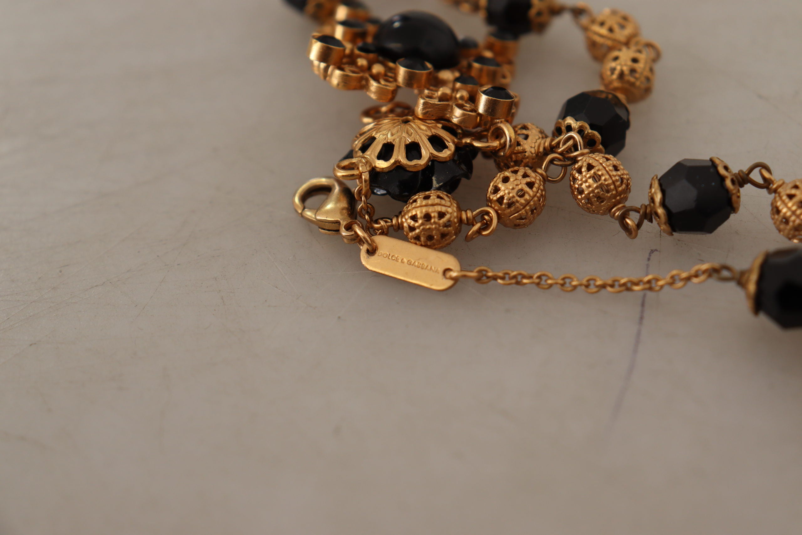 Gold Chain Brass Black Roses Beaded Statement Sicily Necklace