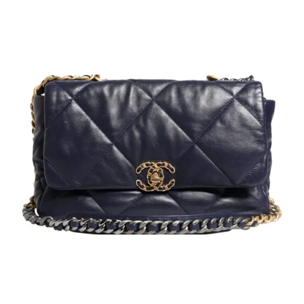 حقيبة يد وكتف كبيرة من الجلد الأزرق المبطن بسلسلة