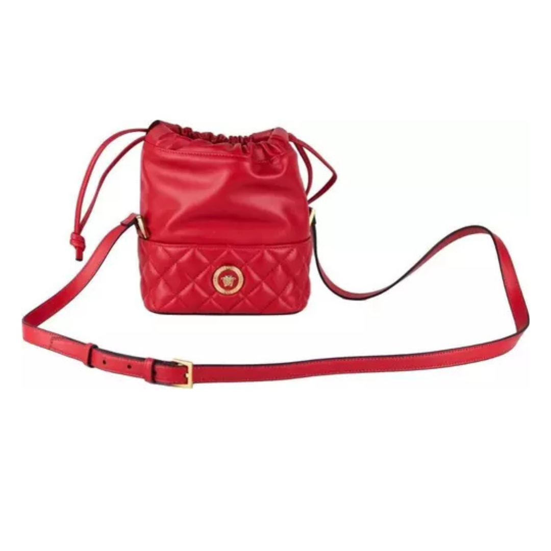 Red Quilted Leather Drawstring Shoulder Bag Bucket Crossbody Handbag