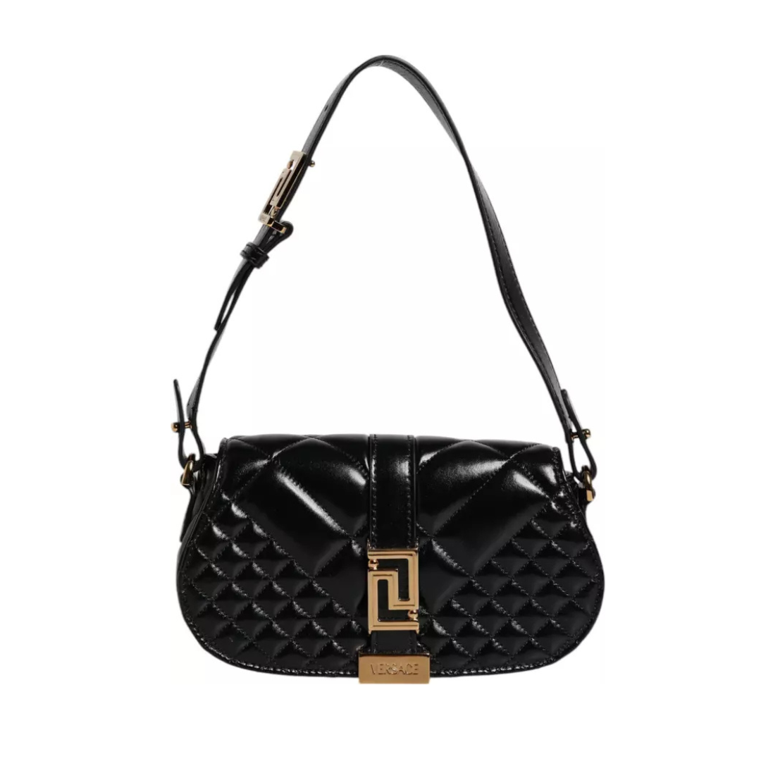 BLACK CALF LEATHER QUILTED SHOULDER STRAP BAG