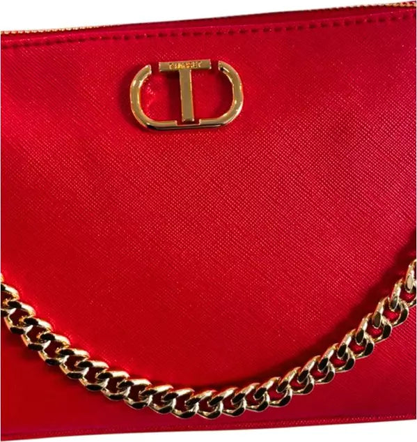 Twinset Milano Bold Red Crossbody Bag with Decorative Gold Chain – Authentic Italian Luxury
