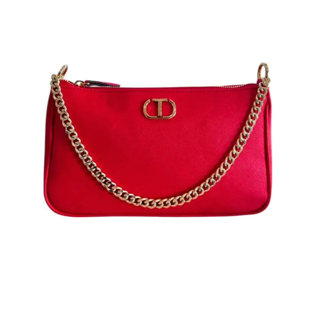 Twinset Milano Bold Red Crossbody Bag with Decorative Gold Chain – Authentic Italian Luxury