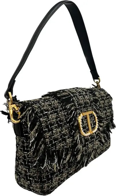 Twinset Milano Black Pearl-Embellished Shoulder Bag – Elegant Fringe Edition