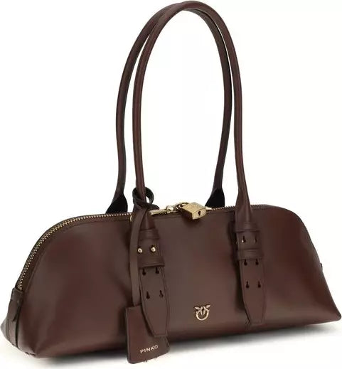 Pinko Large Bowling Baguette – Authentic Brown Calf Leather Shoulder Bag with Love Birds Padlock (SS26)
