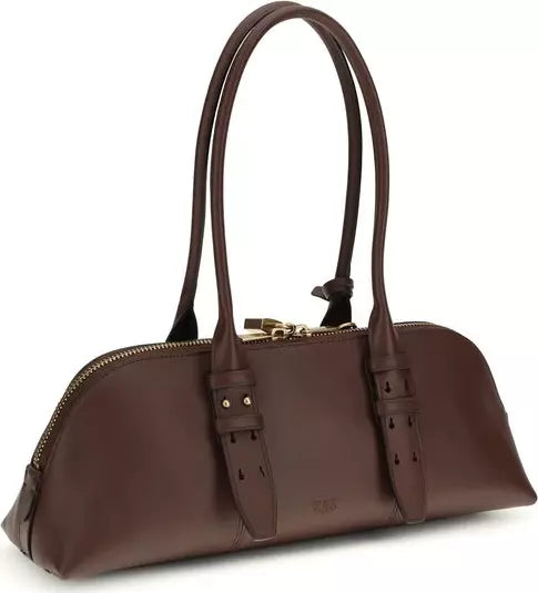 Pinko Large Bowling Baguette – Authentic Brown Calf Leather Shoulder Bag with Love Birds Padlock (SS26)