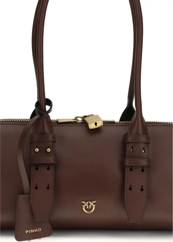 Pinko Large Bowling Baguette – Authentic Brown Calf Leather Shoulder Bag with Love Birds Padlock (SS26)