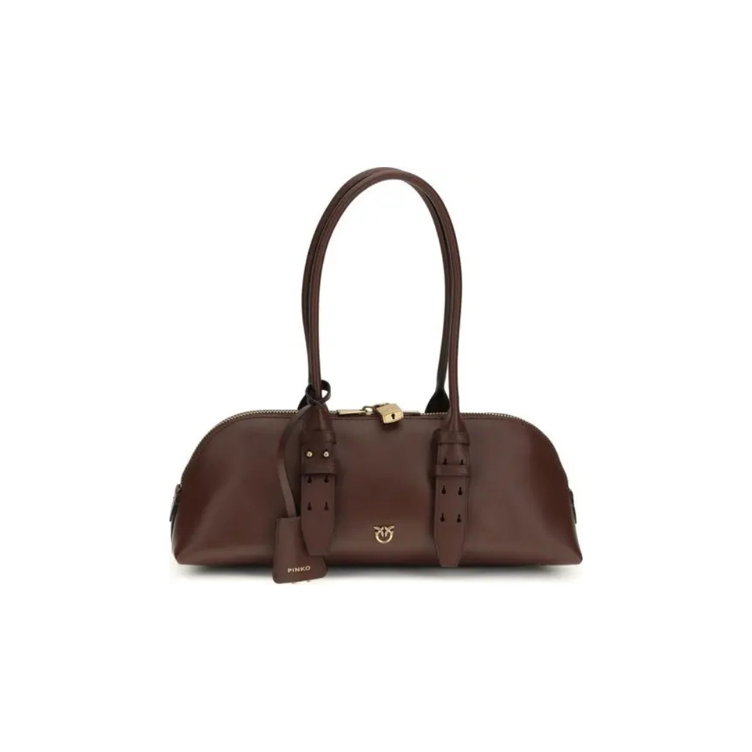 Pinko Large Bowling Baguette – Authentic Brown Calf Leather Shoulder Bag with Love Birds Padlock (SS26)