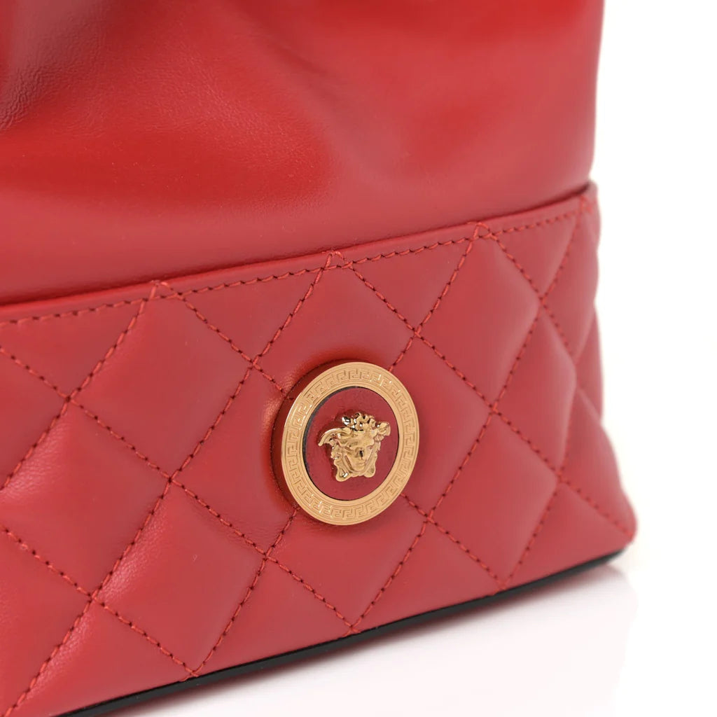 Red Quilted Leather Drawstring Shoulder Bag Bucket Crossbody Handbag
